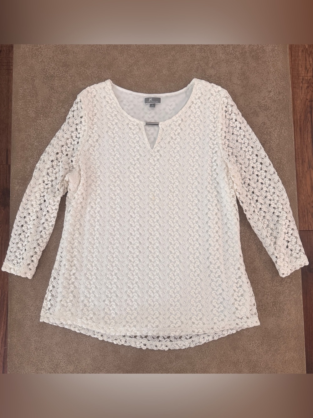 JM Collection White Crochet Lace Blouse Keyhole Neck 3/4 Sleeve Large - Picture 3 of 9